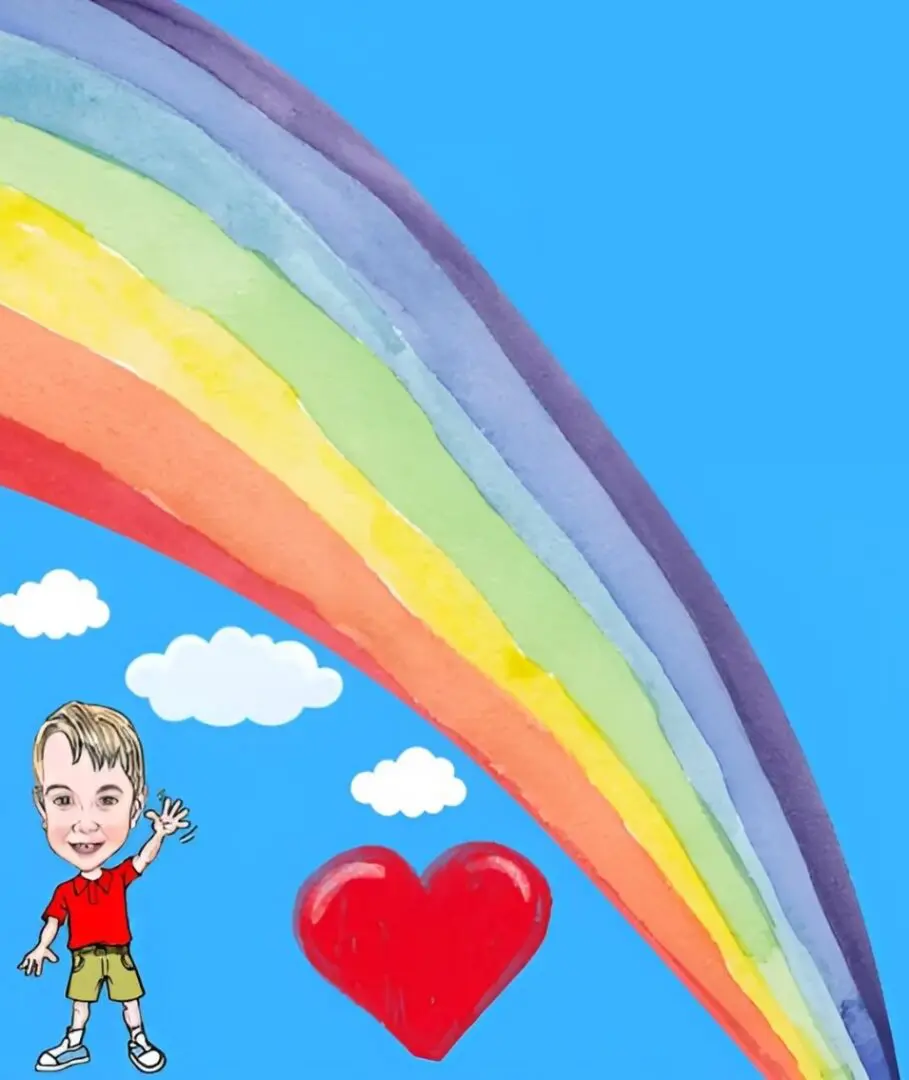 A boy is standing under the rainbow with a heart.