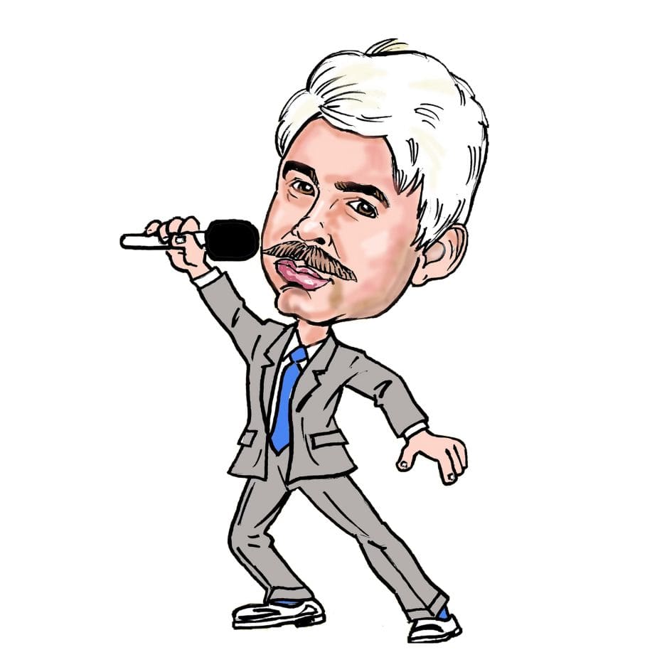 A caricature of a man holding a microphone.