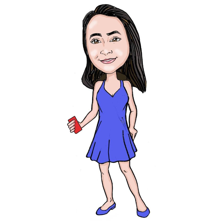 A cartoon of a woman in blue dress holding a red object.