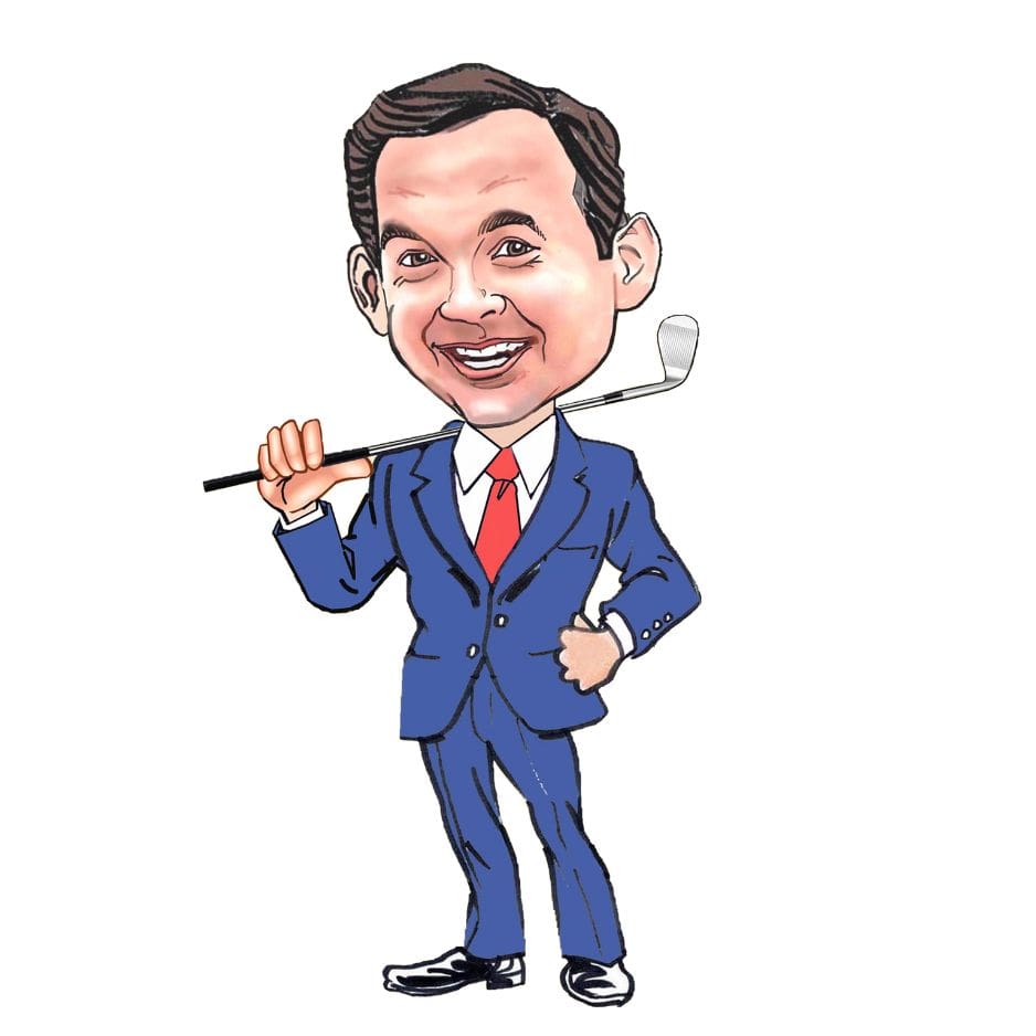 A caricature of a man in a suit holding a toothbrush.