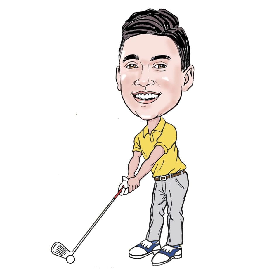 A caricature of a man holding a golf club.