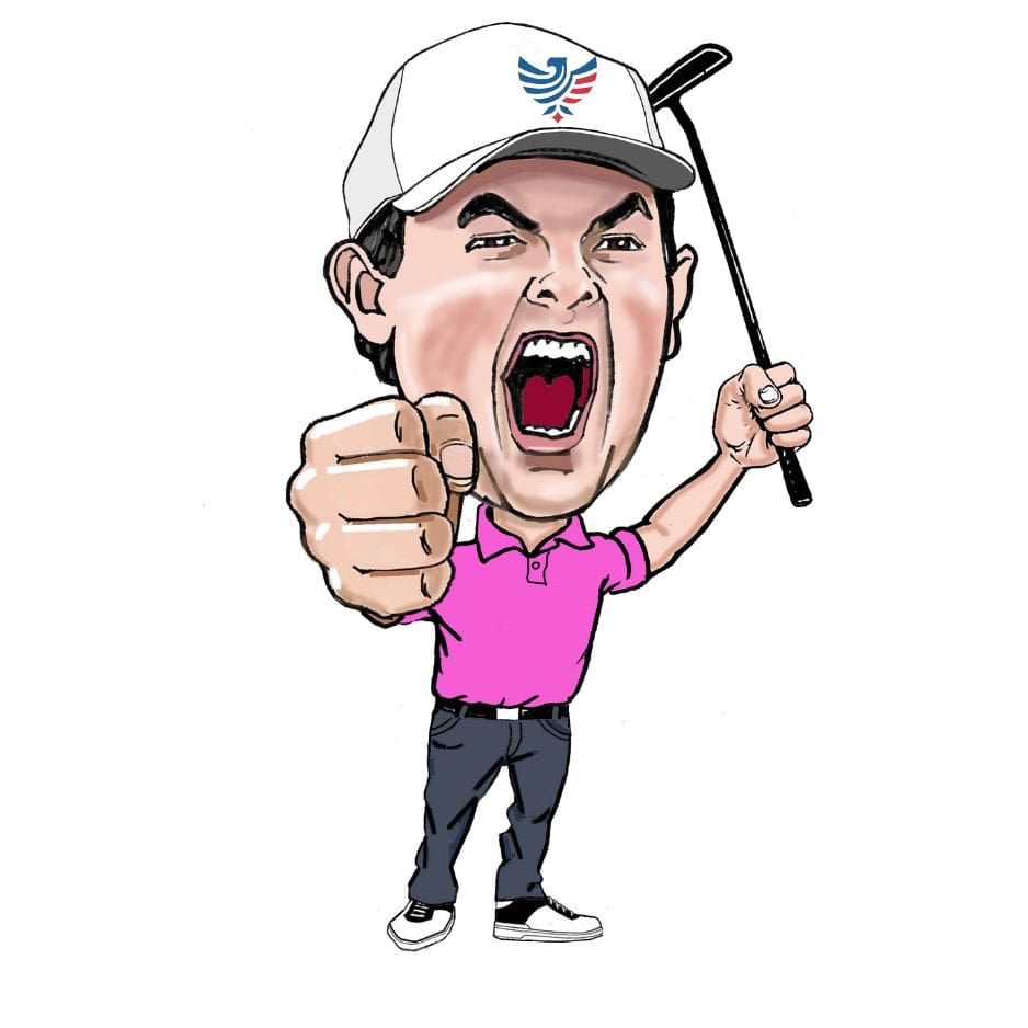 A cartoon of a man holding a hockey stick.