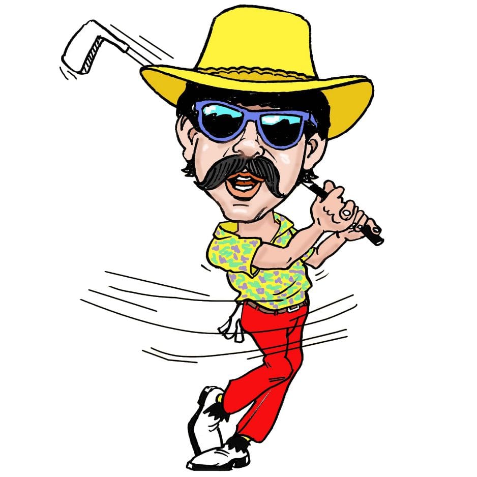 A cartoon of a man with a mustache holding a golf club.